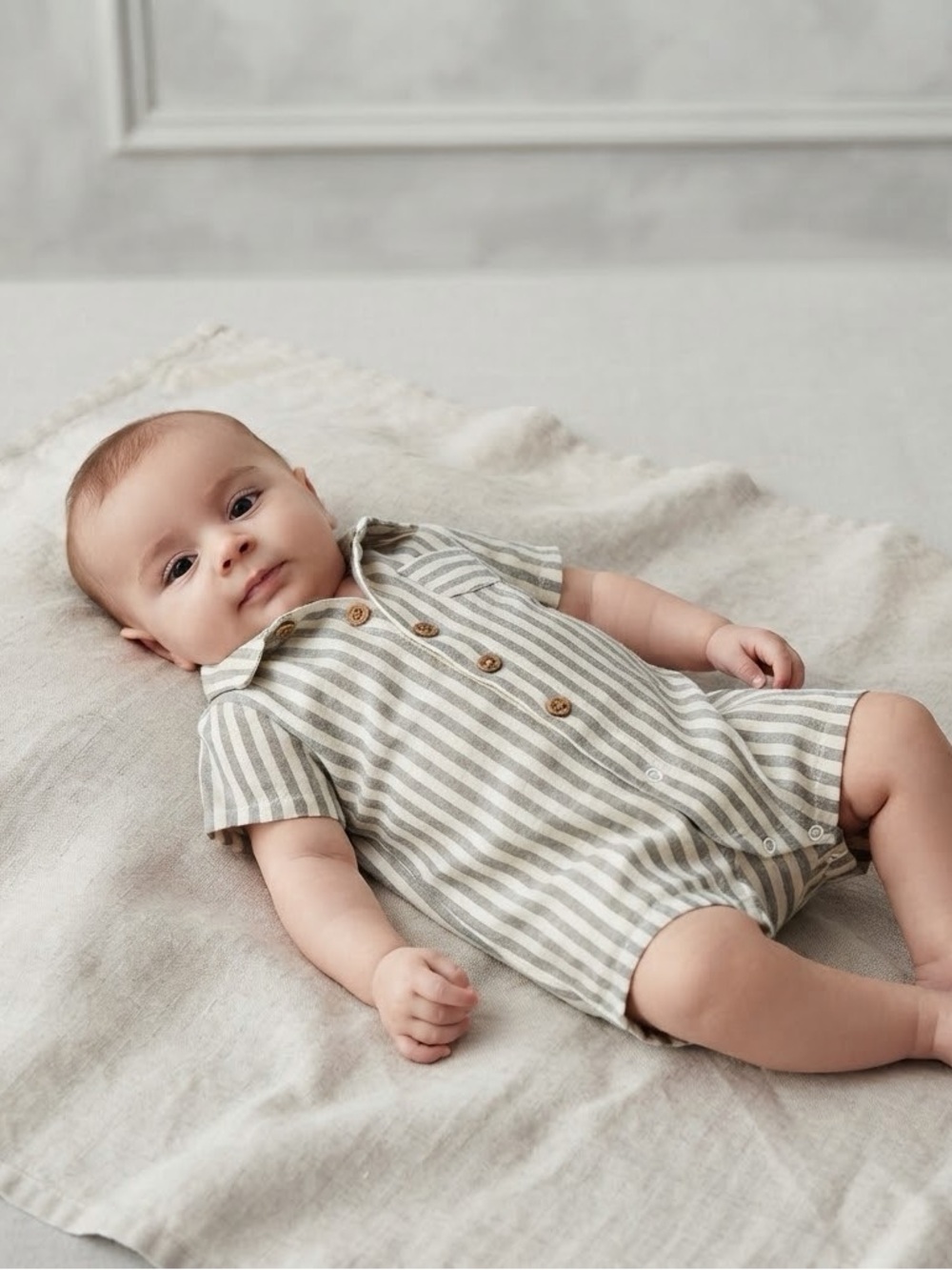 Carter's Olive Green Cream Stripe Cotton Button Down Romper